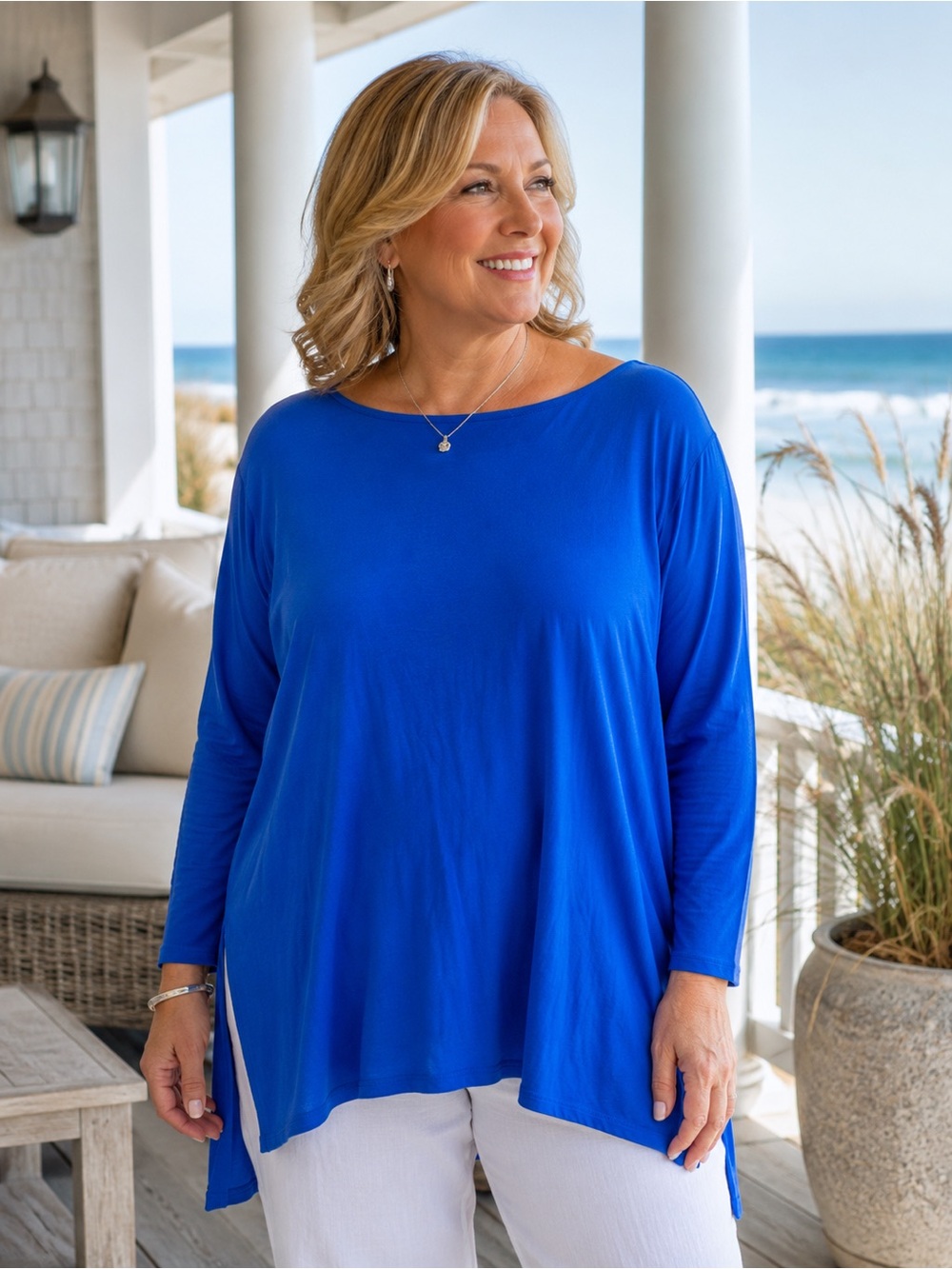 Eileen Fisher Woman Royal Blue Viscose Stretch Boat Neck Tunic Top 1X Minimalist